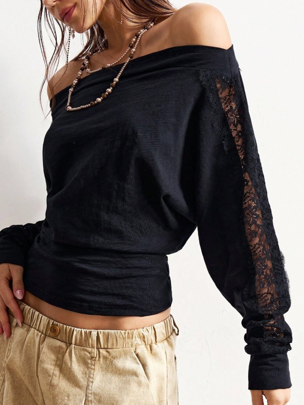 Black Casual Women's Embroidery Contrast Lace Off-Shoulder Long Sleeve T-Shirt